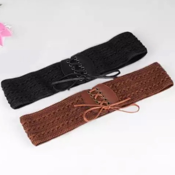 Brown Stretchy Wide Woven Boho Belt Faux Leather - Picture 3 of 8